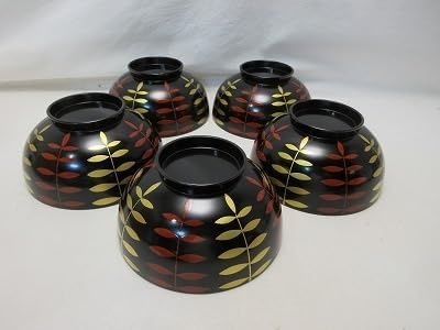 M607309 懐石道具 塗師 岡本陽斎作 木製黒真塗 金彩蒔絵 煮物椀 5客揃